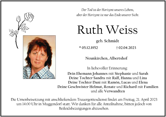 Anzeige von Ruth Weiss von MGO