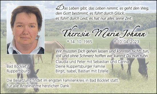 Anzeige von Theresia Maria Johann von MGO