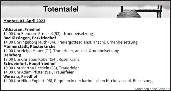 Anzeige von Totentafel vom 03.04.2023 von MGO