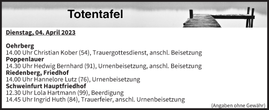Anzeige von Totentafel vom 04.04.2023 von MGO