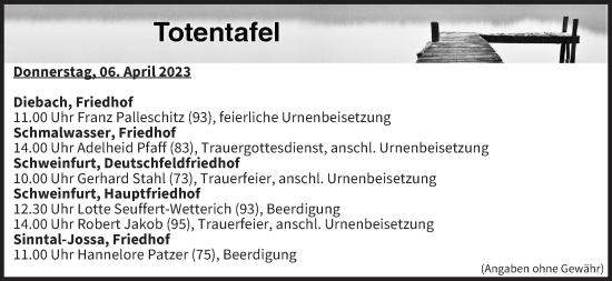 Anzeige von Totentafel vom 06.04.2023 von MGO