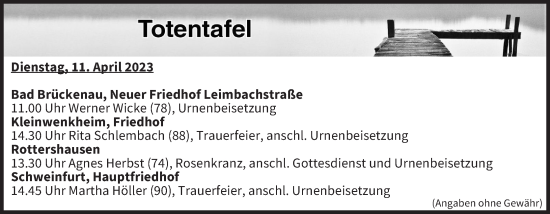 Anzeige von Totentafel vom 11.04.2023 von MGO