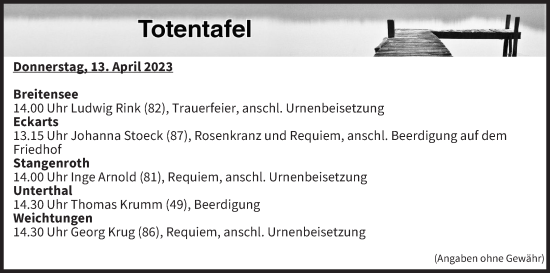 Anzeige von Totentafel vom 13.04.2023 von MGO