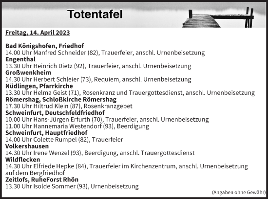 Anzeige von Totentafel vom 14.04.2023 von MGO