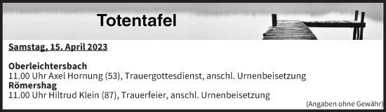 Anzeige von Totentafel vom 15.04.2023 von MGO