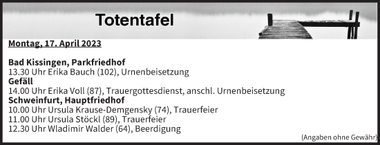 Anzeige von Totentafel vom 17.04.2023 von MGO