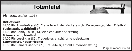 Anzeige von Totentafel vom 18.04.2023 von MGO