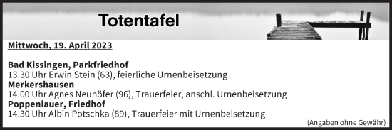 Anzeige von Totentafel vom 19.04.2023 von MGO