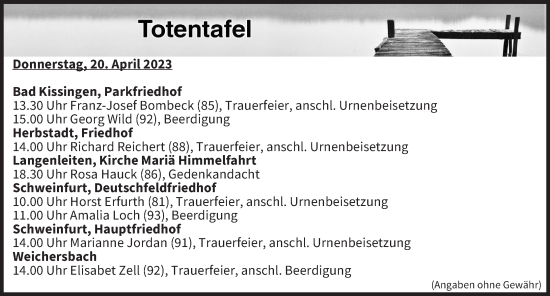 Anzeige von Totentafel vom 20.04.2023 von MGO