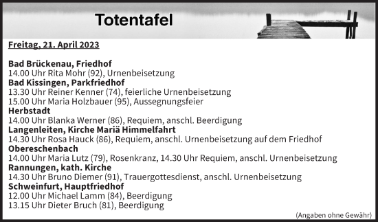 Anzeige von Totentafel vom 21.04.2023 von MGO