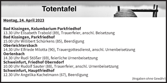 Anzeige von Totentafel vom 24.04.2023 von MGO