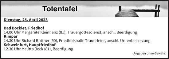 Anzeige von Totentafel vom 25.04.2023 von MGO