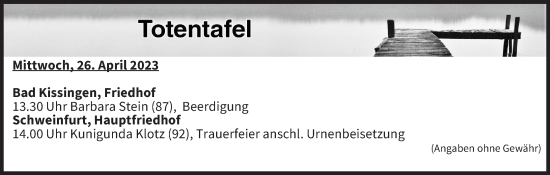 Anzeige von Totentafel vom 26.04.2023 von MGO