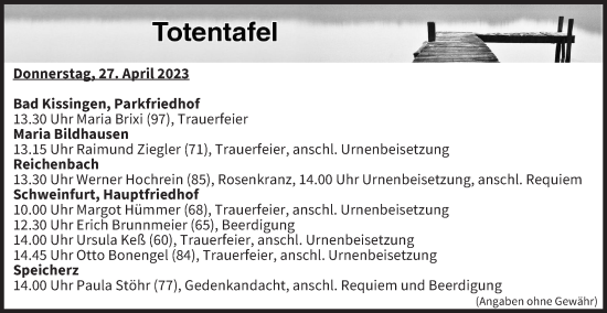 Anzeige von Totentafel vom 27.04.2023 von MGO