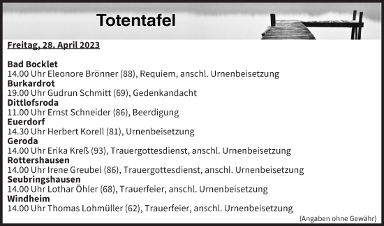 Anzeige von Totentafel vom 28.04.2023 von MGO