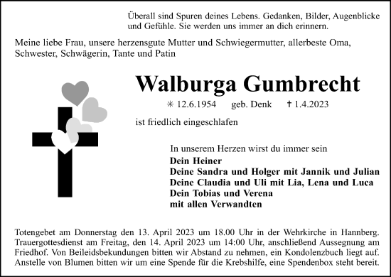 Anzeige von Walburga Gumbrecht von MGO