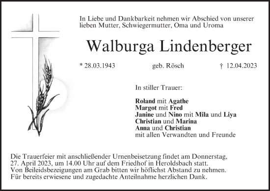 Anzeige von Walburga Lindenberger von MGO