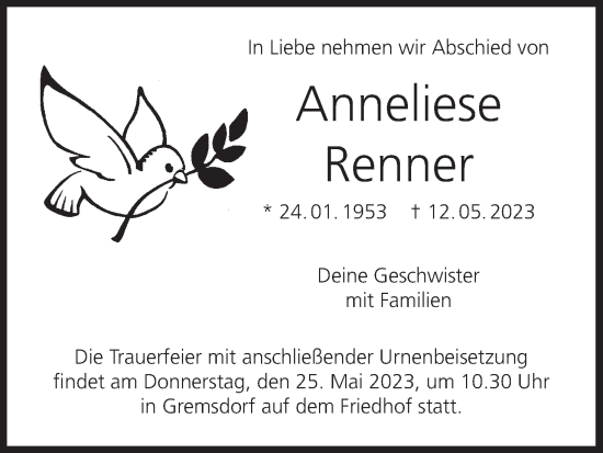 Anzeige von Anneliese Renner von MGO