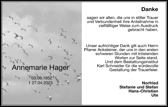 Anzeige von Annemarie Hager von MGO