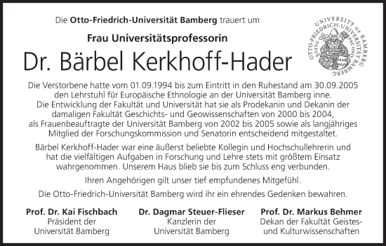 Anzeige von Bärbel Kerkhoff-Hader von MGO