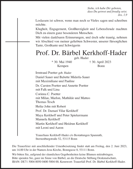 Anzeige von Bärbel Kerkhoff-Hader von MGO