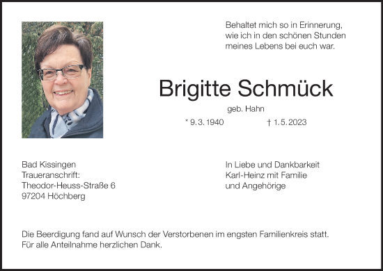 Anzeige von Brigitte Schmück von MGO