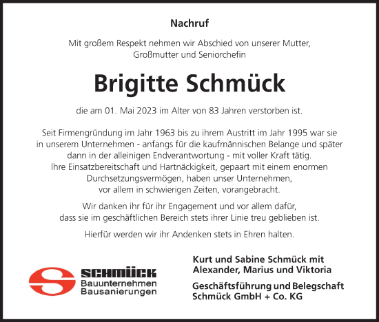 Anzeige von Brigitte Schmück von MGO
