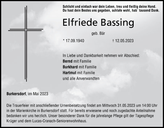 Anzeige von Elfriede Bassing von MGO