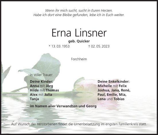 Anzeige von Erna Linsner von MGO
