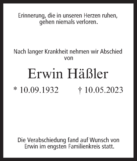 Anzeige von Erwin Häßler von MGO