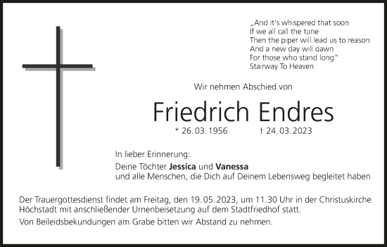 Anzeige von Friedrich Endres von MGO