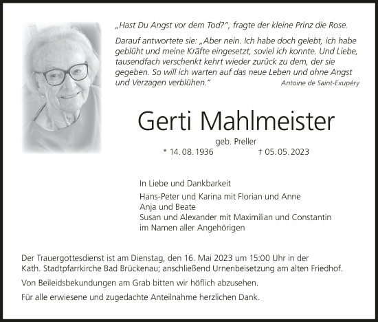 Anzeige von Gerti Mahlmeister von MGO
