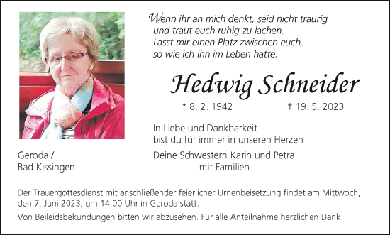 Anzeige von Hedwig Schneider von MGO