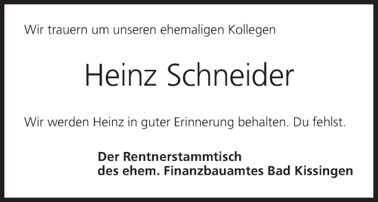 Anzeige von Heinz Schneider von MGO