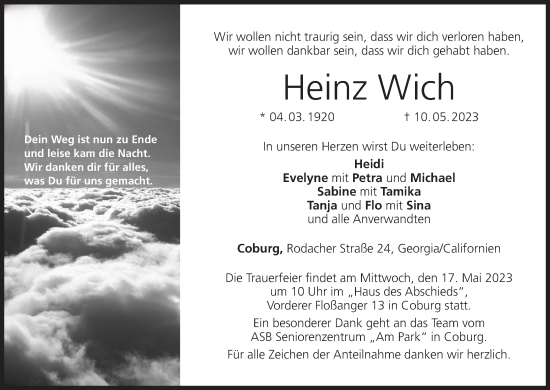 Anzeige von Heinz Wich von MGO