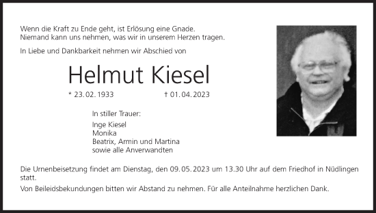 Anzeige von Helmut Kiesel von MGO