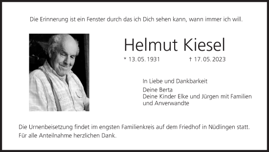 Anzeige von Helmut Kiesel von MGO