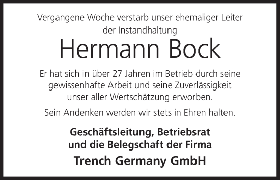 Anzeige von Hermann Bock von MGO