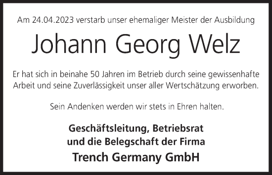Anzeige von Johann Georg Welz von MGO