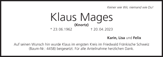 Anzeige von Klaus Mages von MGO