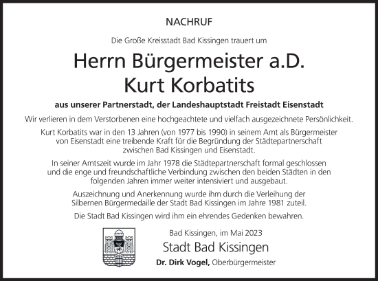 Anzeige von Kurt Korbatits von MGO