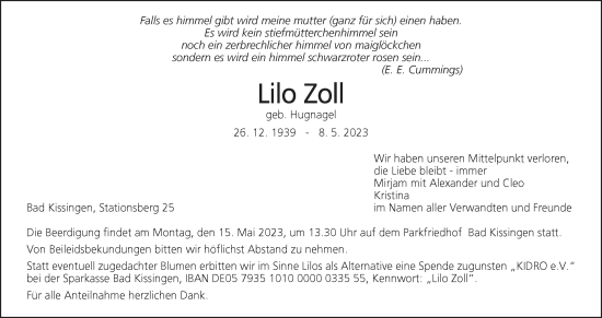 Anzeige von Lilo Zoll von MGO