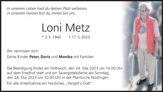 Anzeige von Loni Metz von MGO