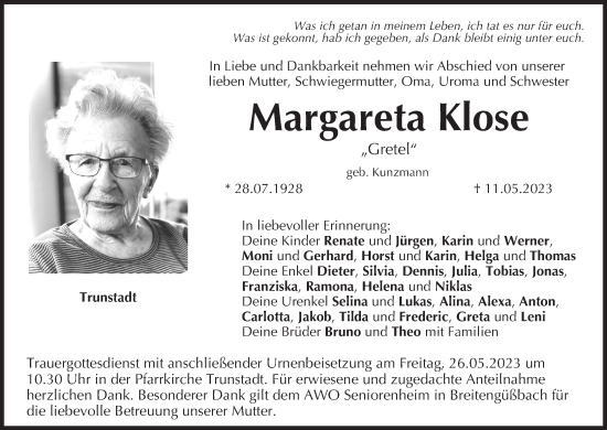Anzeige von Margareta Klose von MGO