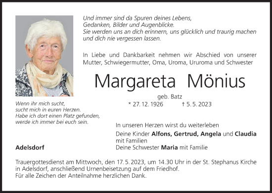 Anzeige von Margareta Mönius von MGO