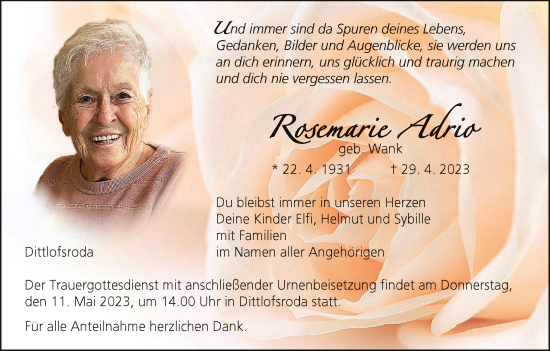 Anzeige von Rosemarie Adrio von MGO