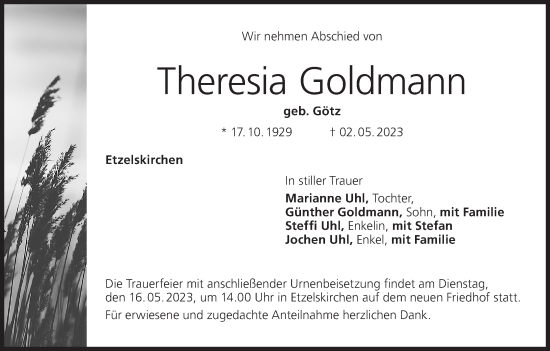 Anzeige von Theresia Goldmann von MGO