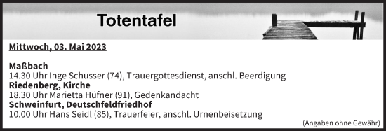Anzeige von Totentafel vom 03.05.2023 von MGO