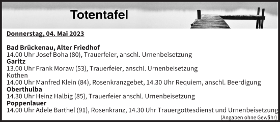 Anzeige von Totentafel vom 04.05.2023 von MGO