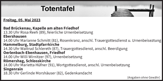 Anzeige von Totentafel vom 05.05.2023 von MGO